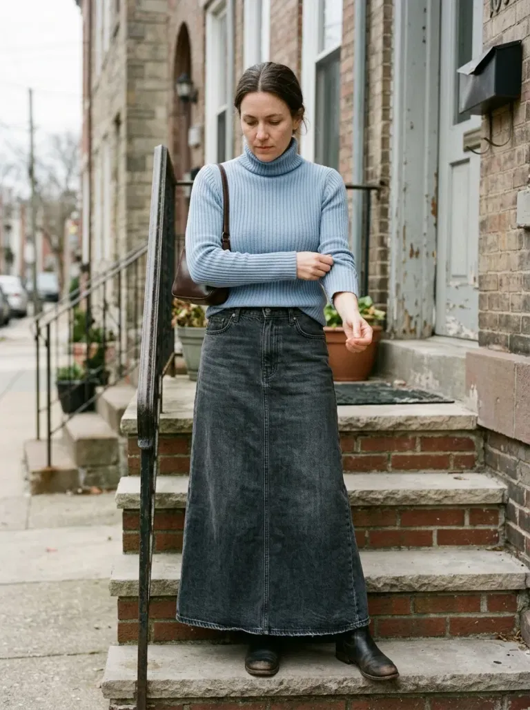 Soft-Blue Ribbed Turtleneck with Charcoal Denim Maxi Skirt