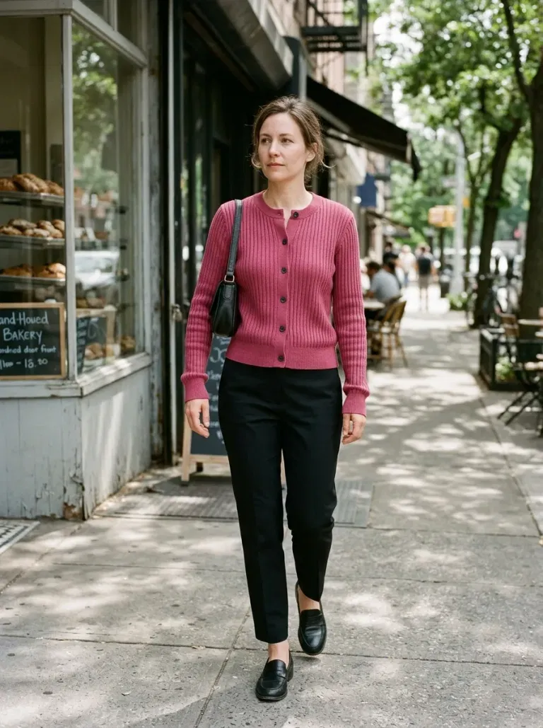 Berry-Pink Ribbed Cardigan with Black Cigarette Trousers