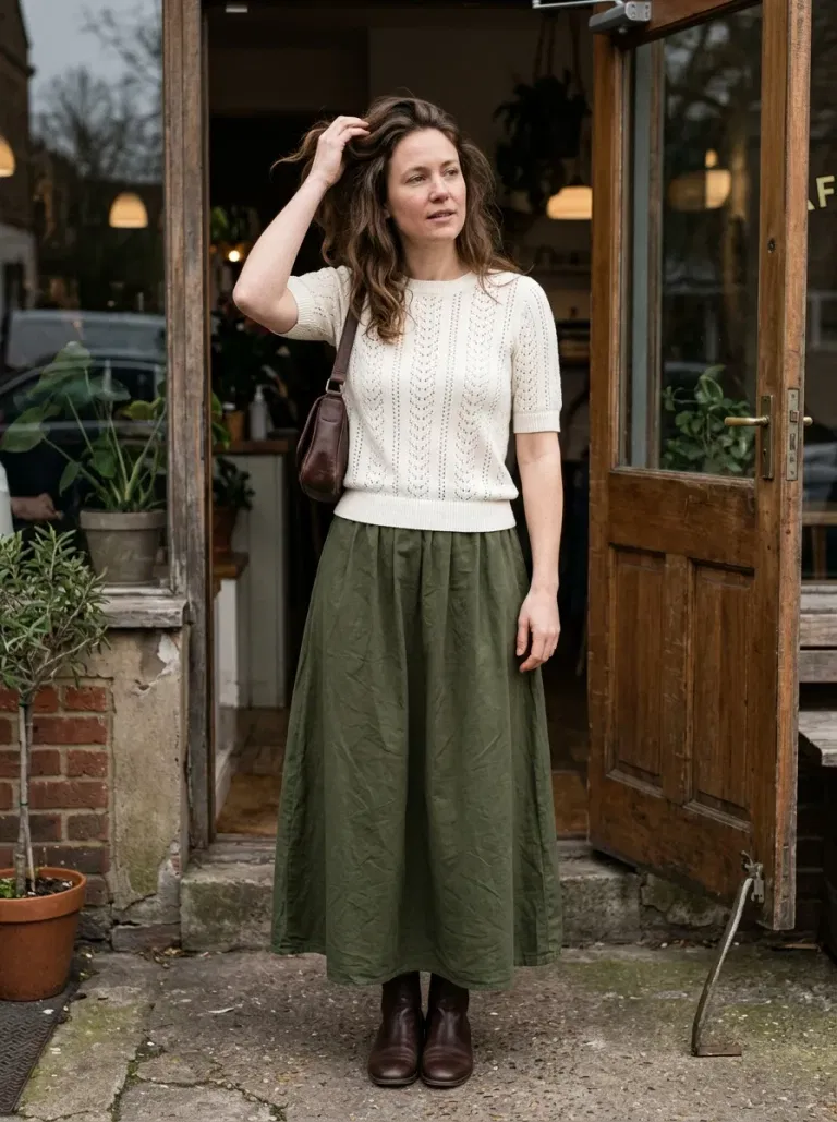 Ivory Short-Sleeve Pointelle Sweater with Olive Cotton Maxi Skirt