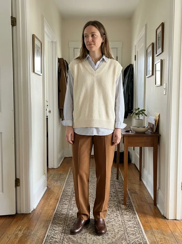 Cream Sweater Vest over a Blue Button-Down