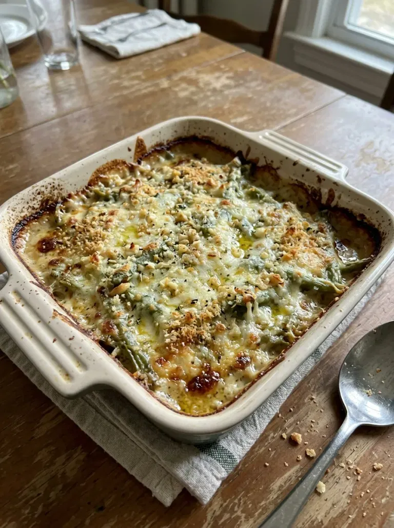 Cheesy Garlic Green Bean Gratin