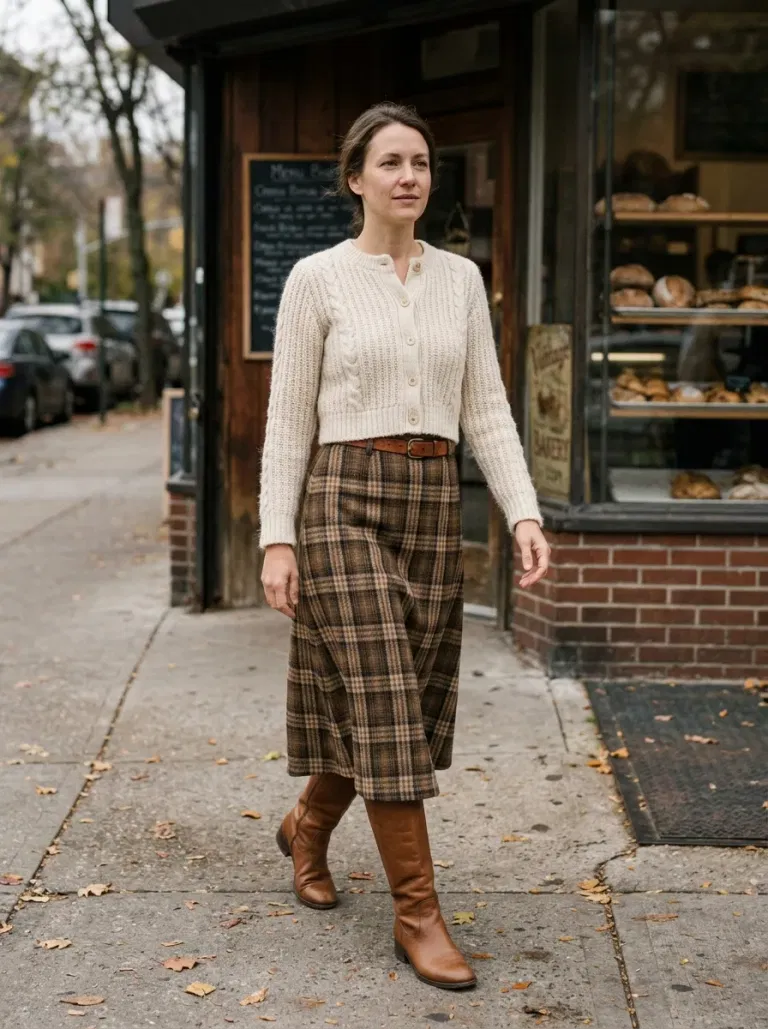 Cream Cropped Knit Cardigan with Brown Checked Midi Skirt