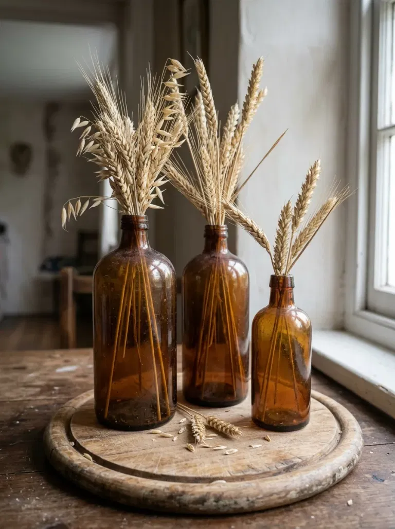 Three Amber Bottles with Wheat
