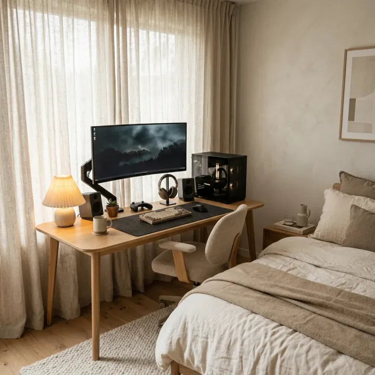 Oak gaming desk beside linen curtains and a bed with neutral bedding