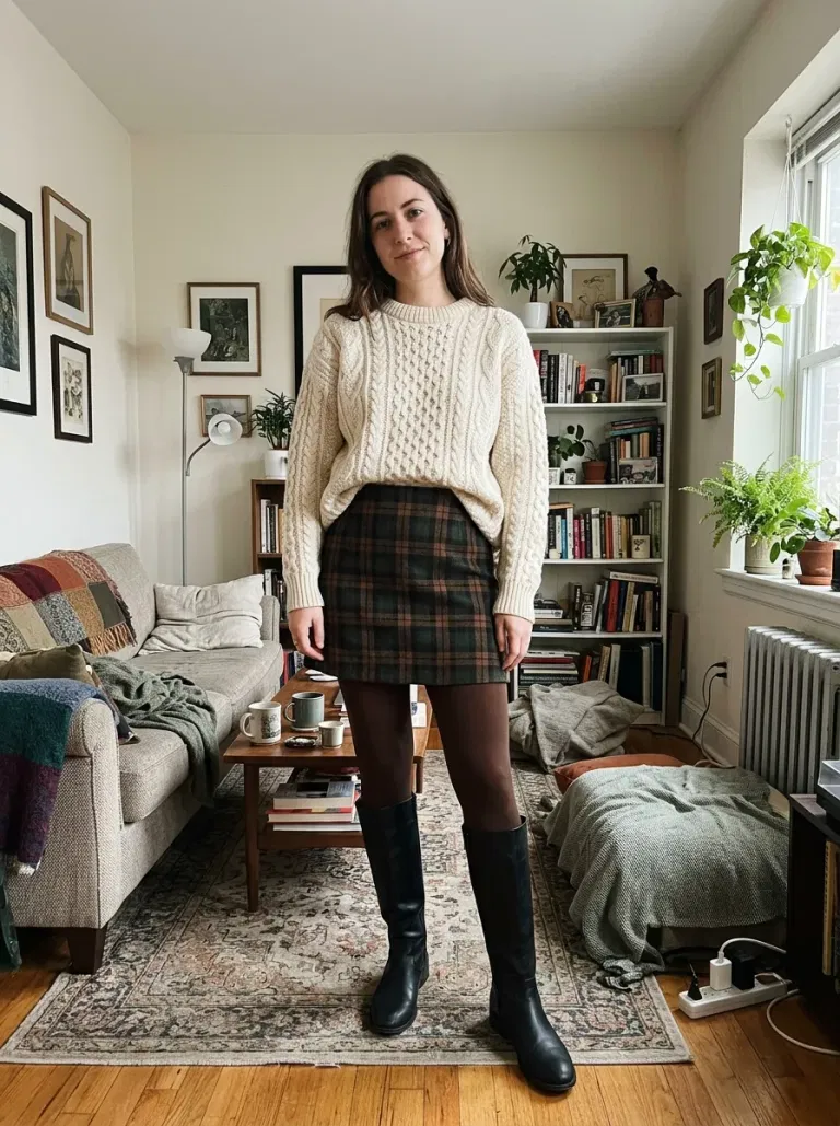 Plaid Mini Skirt and Chunky Cream Knit
