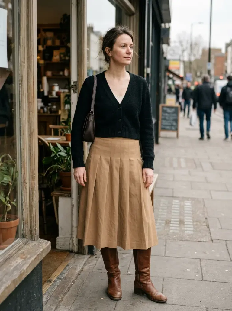 Black Cropped Cardigan with Camel Pleated Midi Skirt