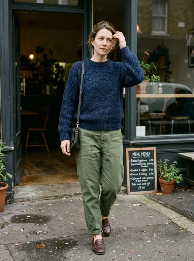 Navy Blue Textured Crewneck Sweater with Olive Tapered Trousers