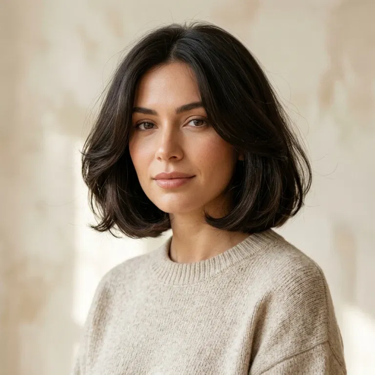 Woman wearing a jaw-length bob with internal layers