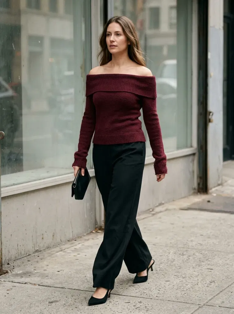 Burgundy Off-The-Shoulder Fitted Sweater with Black Wide-Leg Trousers