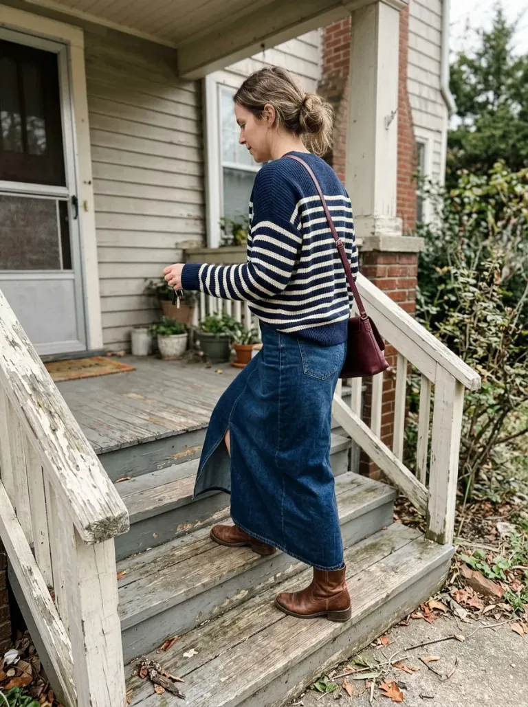 Denim Maxi Skirt and Striped Sweater
