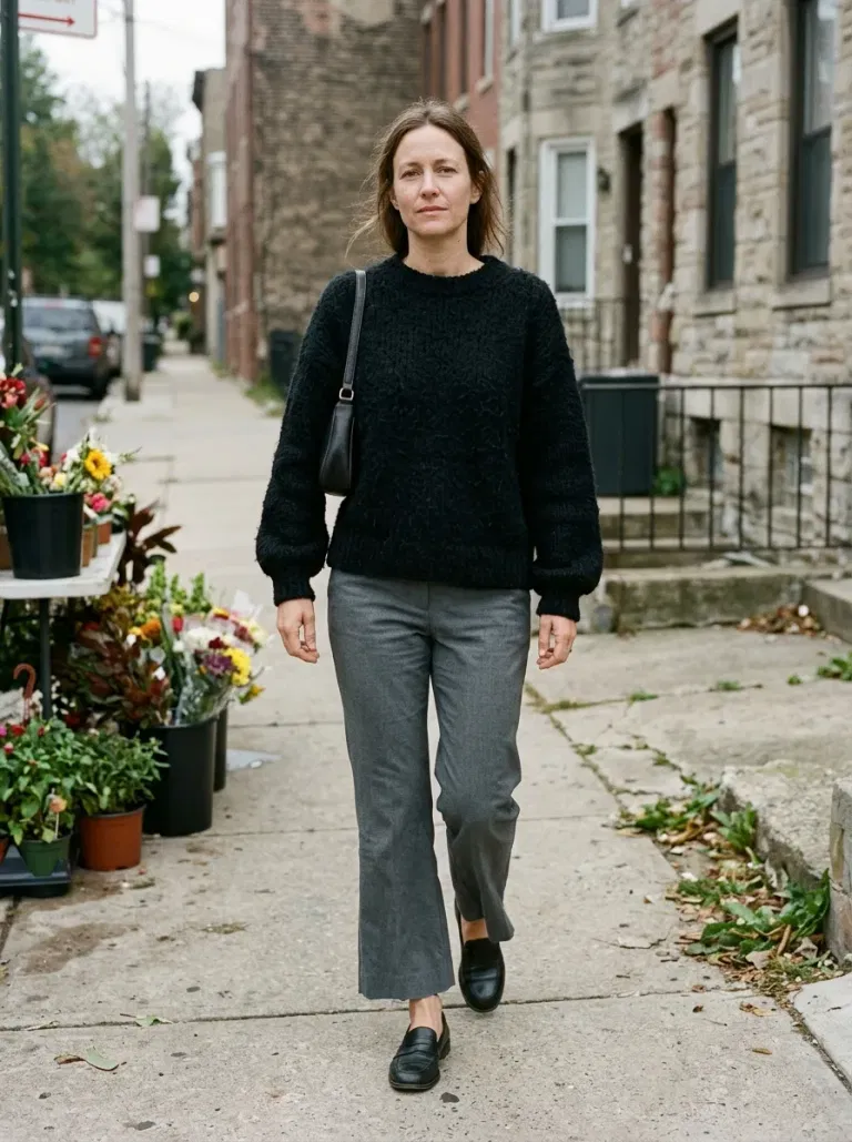 Black Textured Sweater with Grey Cropped Flared Trousers