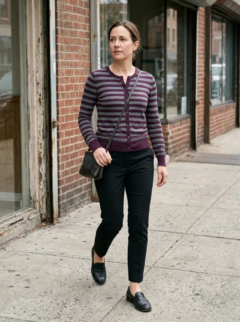 Plum-And-Grey Striped Fine-Knit Cardigan with Black Cigarette Pants