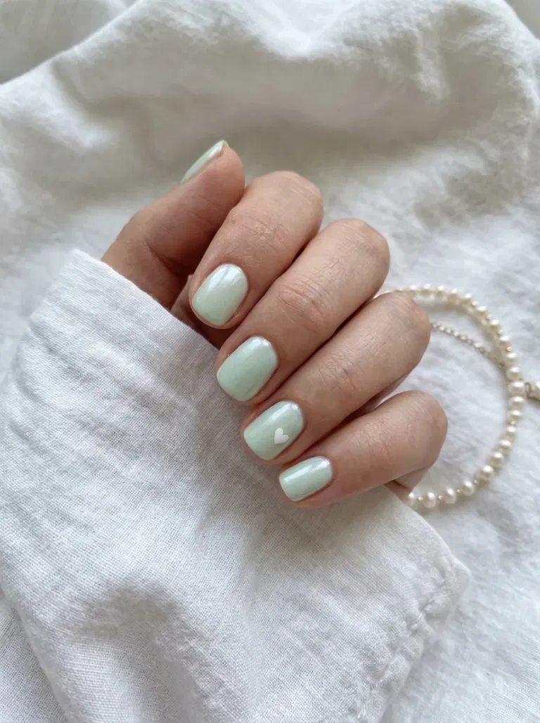 Mint Glazed Heart Accent nail design