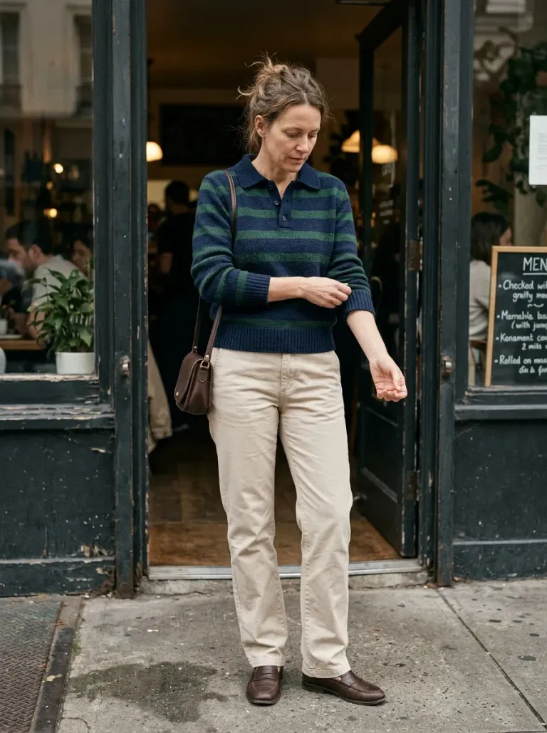 Navy-And-Green Striped Polo Sweater with Stone Straight Chinos