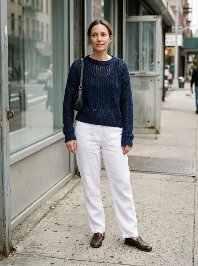 Navy Blue Open-Knit Sweater with White Linen Trousers