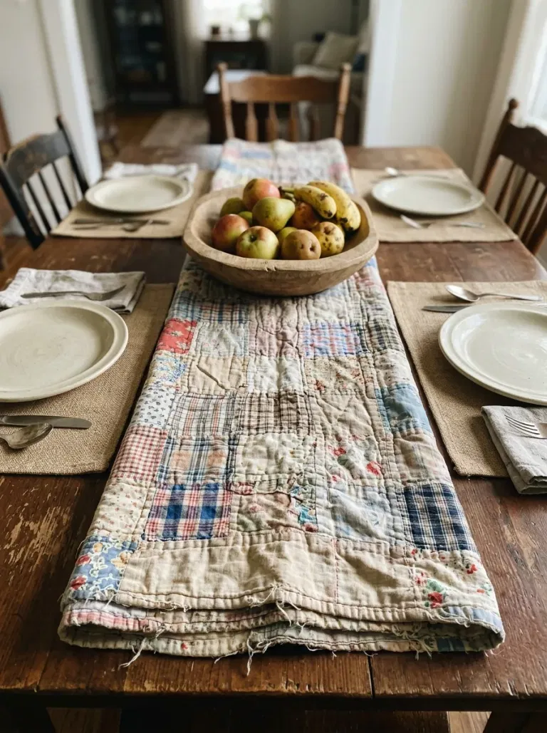 Heirloom Quilt Runner and Cream Dishes