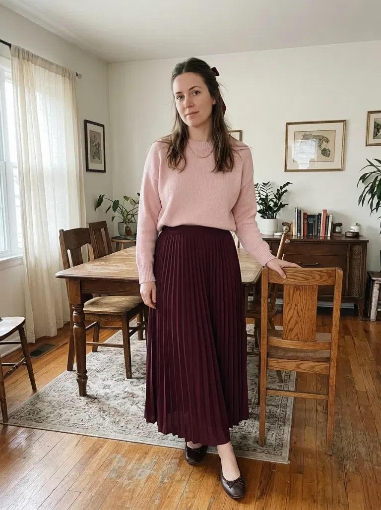 Ballet-Pink Knit and Burgundy Maxi Skirt