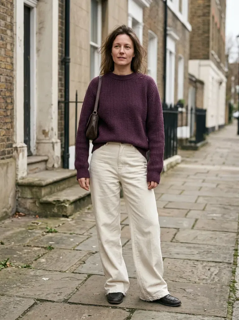 Plum Ribbed Crewneck Sweater with Ecru Wide-Leg Trousers