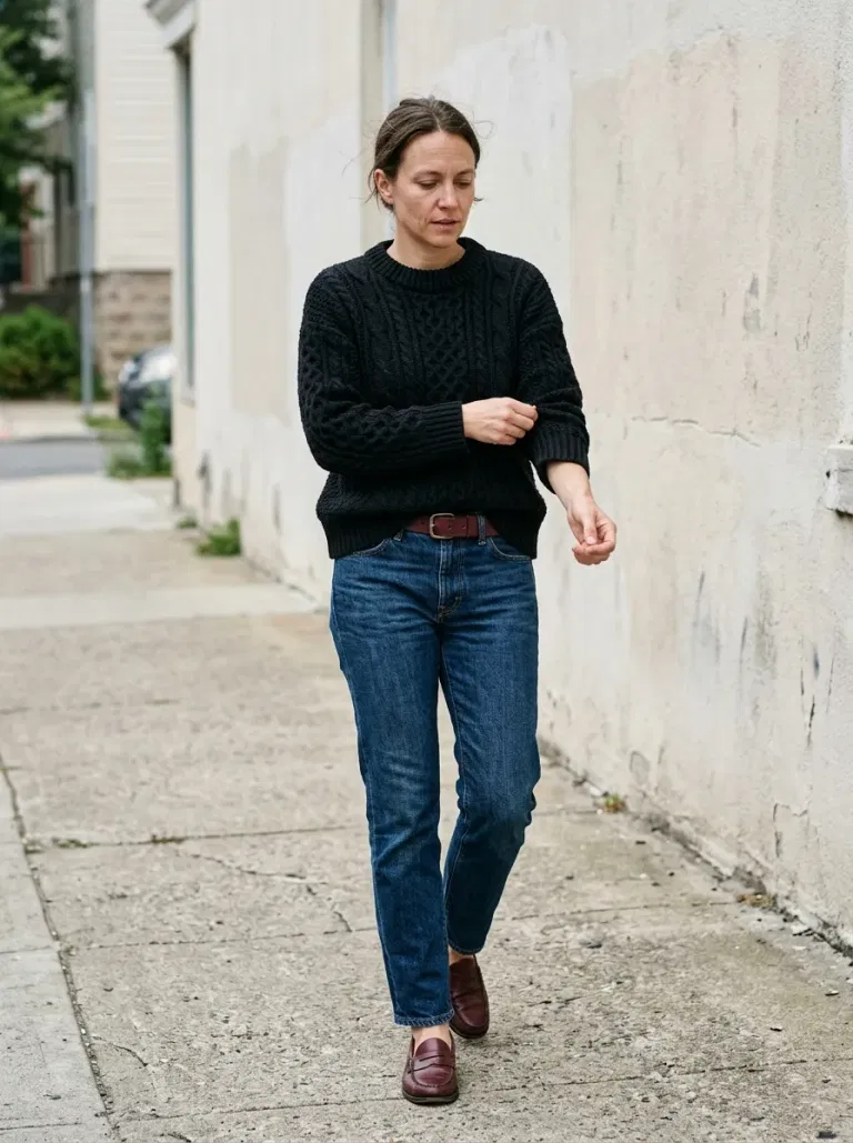 Black Cable-Knit Crewneck Sweater with Dark Indigo Straight Jeans