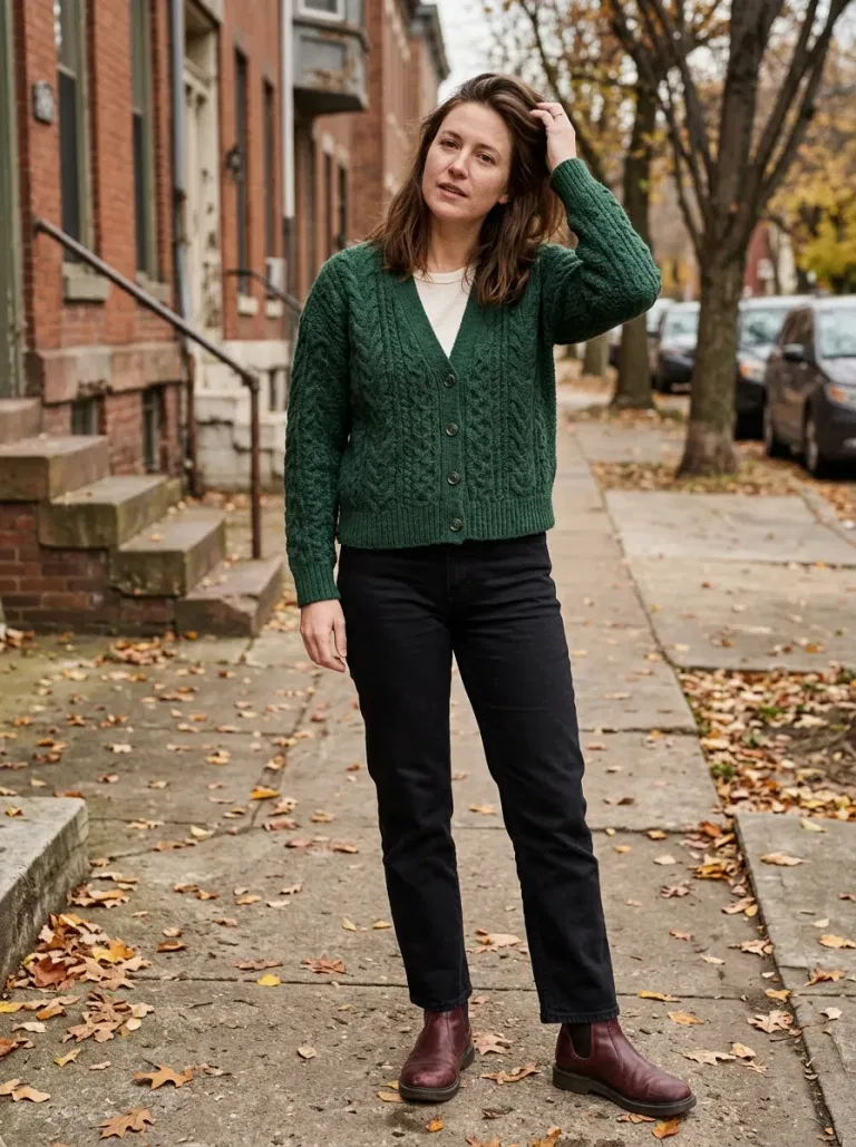Forest-Green Cable-Knit Cardigan with Black Straight Jeans