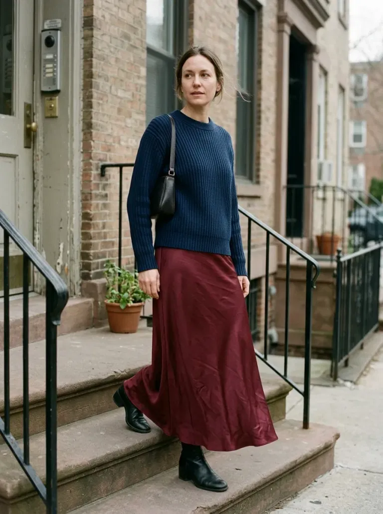 Navy Blue Ribbed Sweater with Burgundy Satin Maxi Skirt