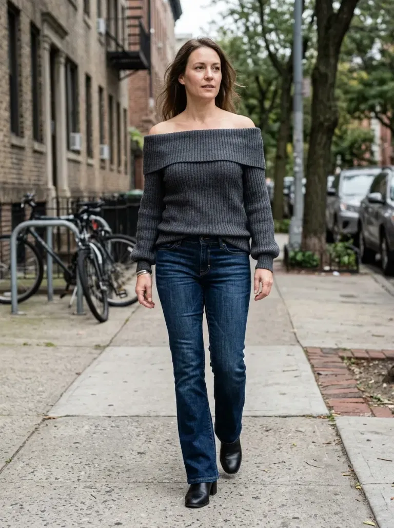 Charcoal Off-The-Shoulder Ribbed Sweater with Dark Indigo Bootcut Jeans