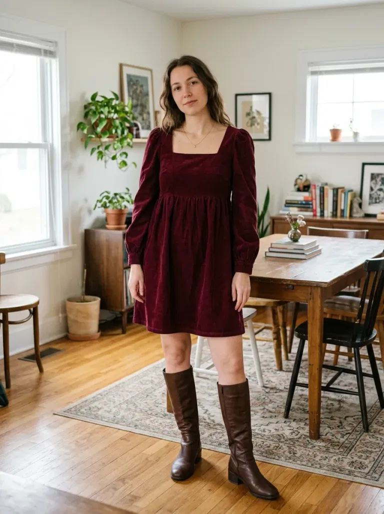 Forest Green Swing Dress and Brown Boots