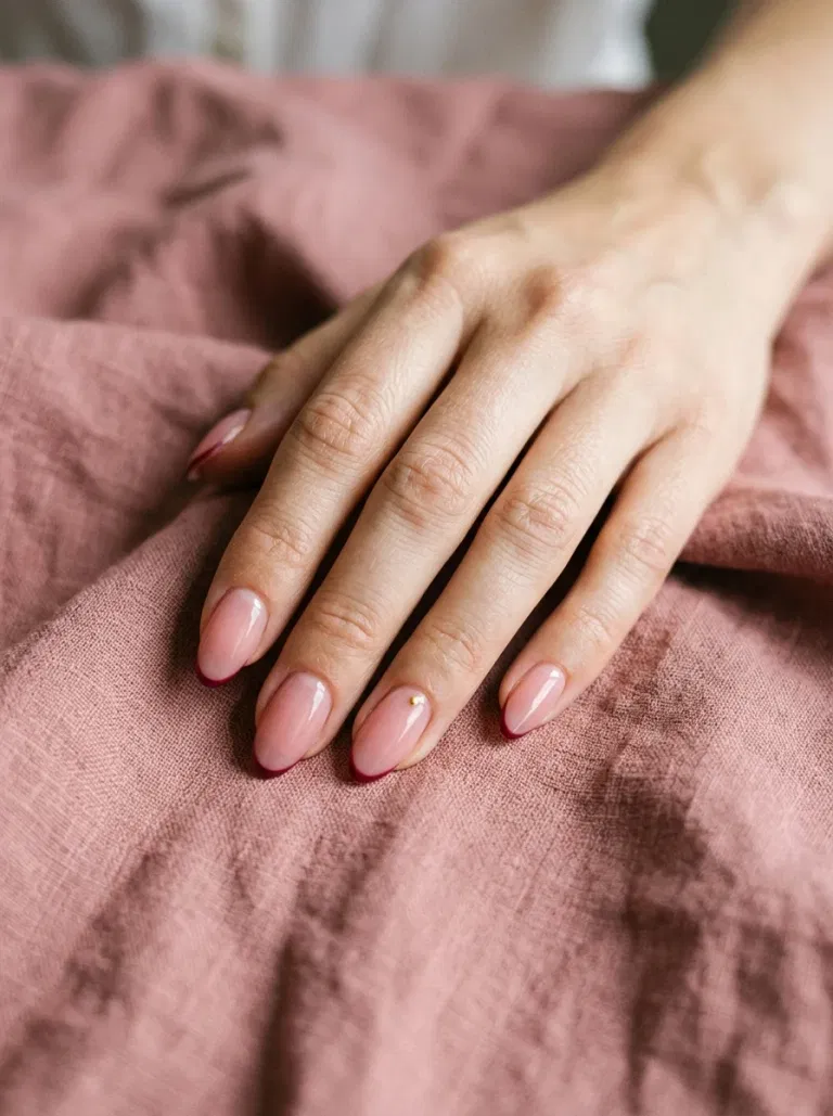 Burgundy Micro-French with Gold Dot nail design