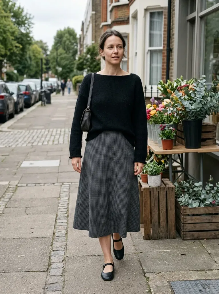Black Boat-Neck Sweater with Grey Checked A-Line Skirt