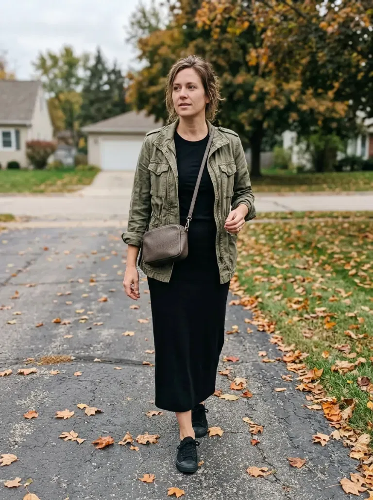 Olive Utility Jacket and Black Column Skirt