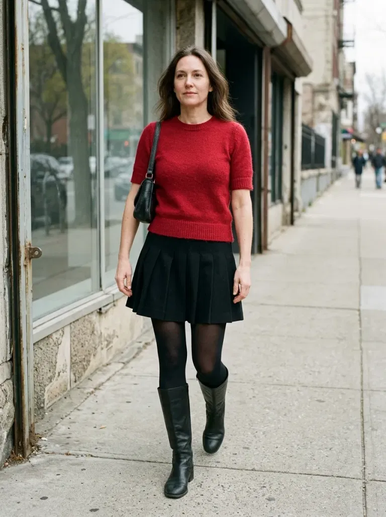 Cherry-Red Short-Sleeve Sweater with Black Pleated Mini Skirt