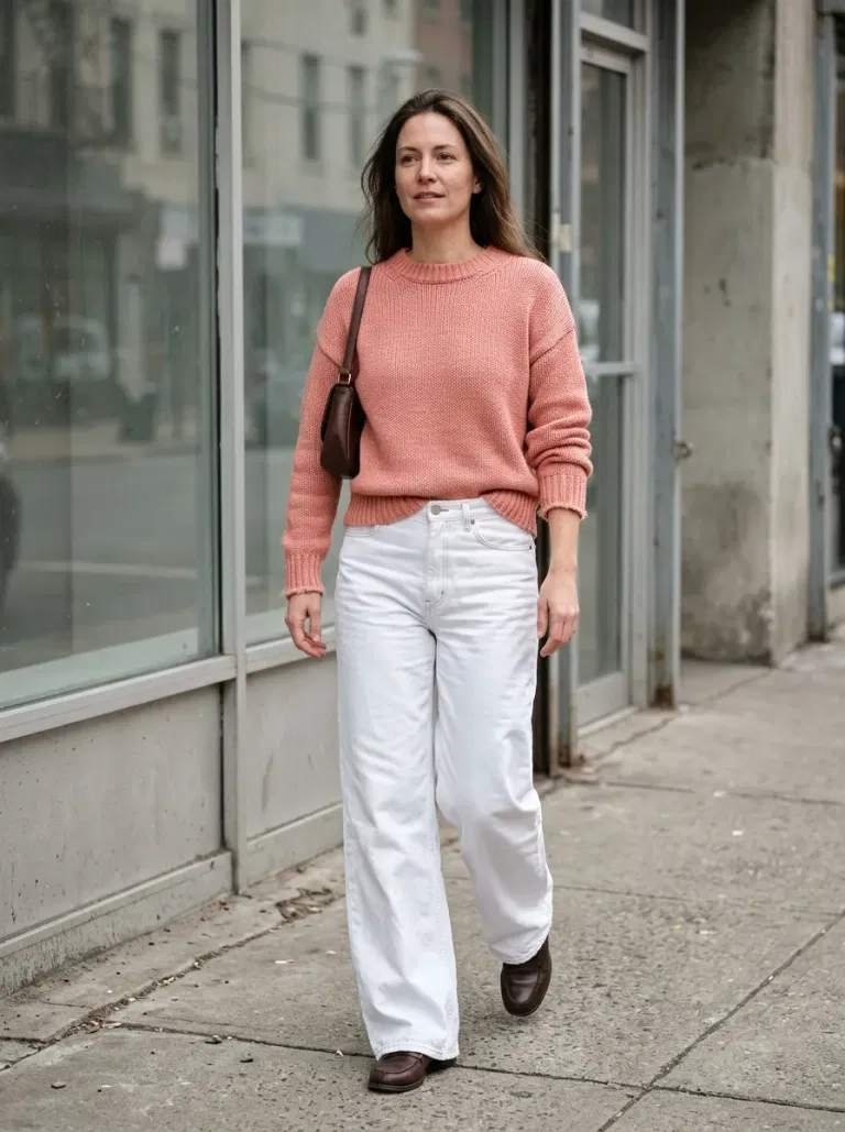 Salmon-Pink Cotton Sweater with White Wide-Leg Jeans