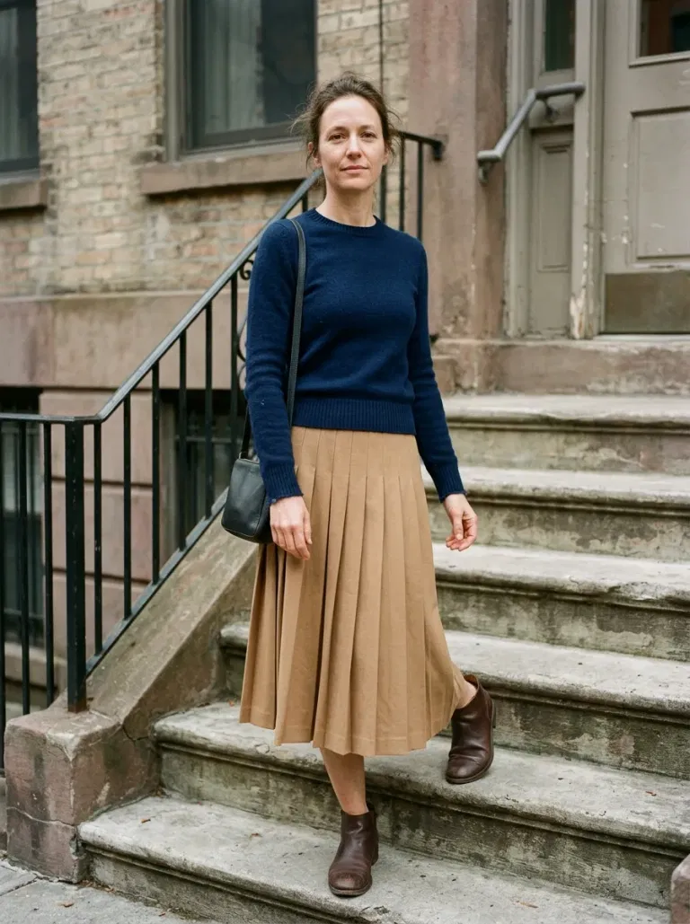 Navy Blue Fitted Crewneck Sweater with Camel Pleated Midi Skirt
