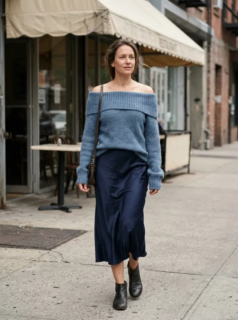 Dusty-Blue Off-The-Shoulder Sweater with Navy Silk-Look Midi Skirt