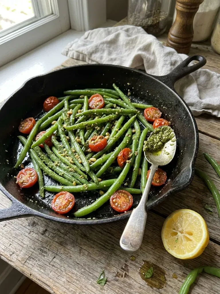 Pesto Green Beans with Cherry Tomatoes