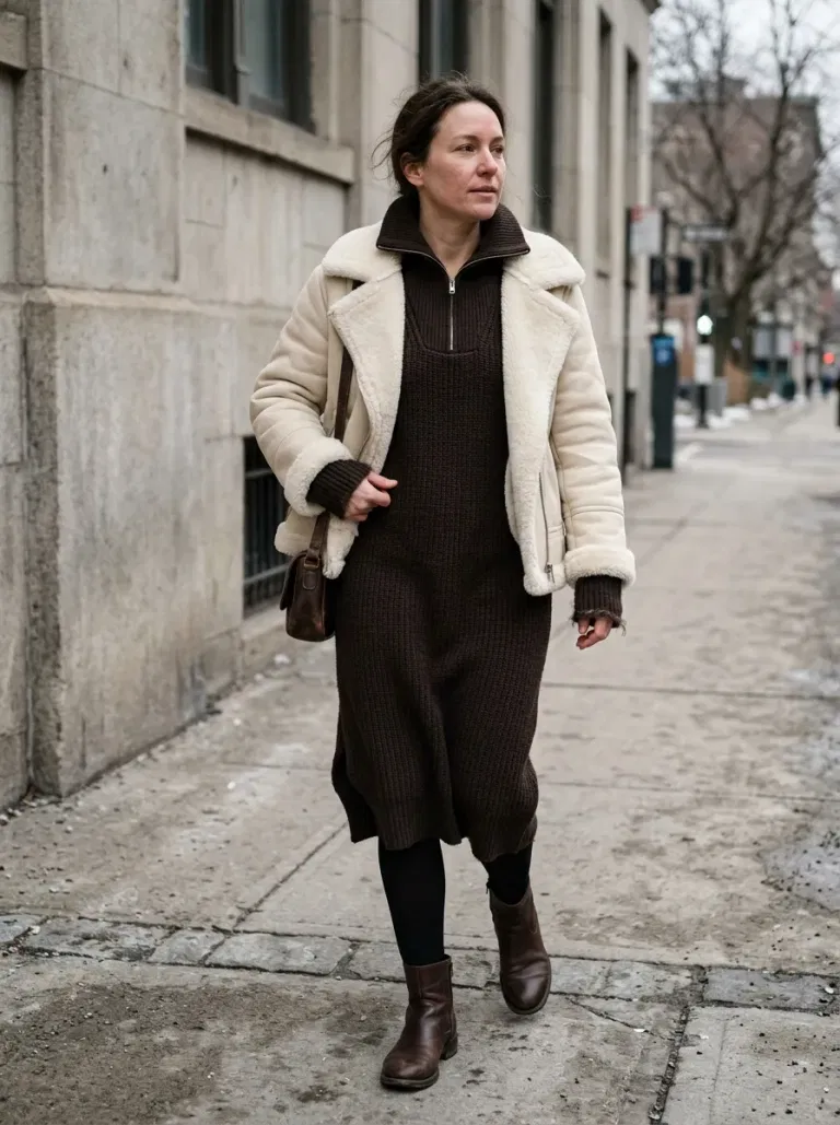Espresso Zip-Neck Sweater Dress with Cream Shearling-Lined Jacket