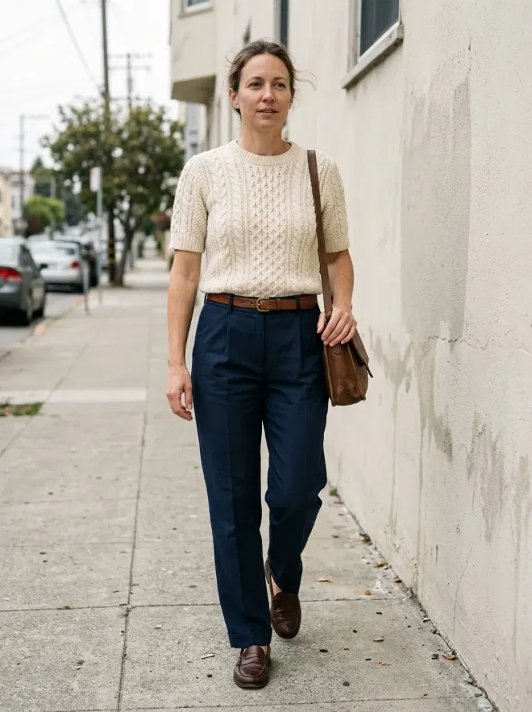 Cream Short-Sleeve Cable Sweater with Navy Tailored Trousers
