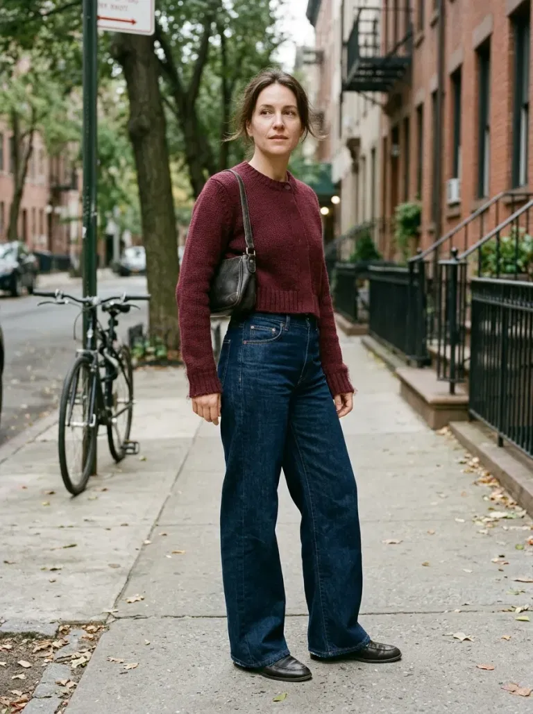 Burgundy Cropped Cardigan with High-Rise Dark Wide-Leg Jeans