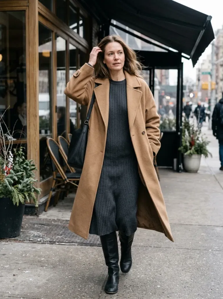Charcoal Ribbed Midi Sweater Dress with Camel Wool Coat