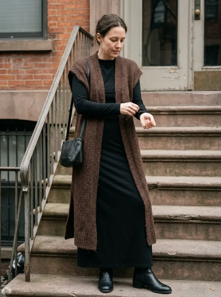 Chocolate Longline Sweater Vest with Black Jersey Column Dress