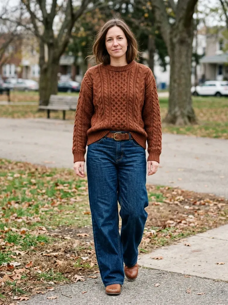 Chestnut Cable-Knit Sweater with Dark Indigo Wide-Leg Jeans
