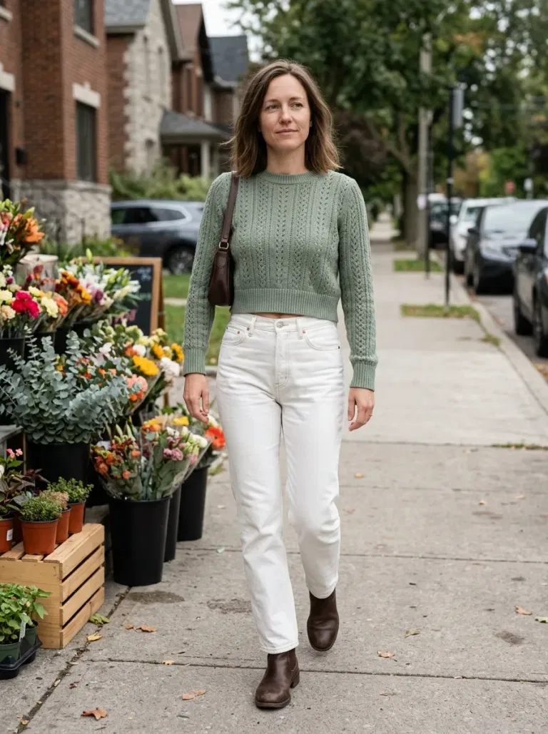 Sage Cropped Pointelle Sweater with High-Rise White Straight Jeans