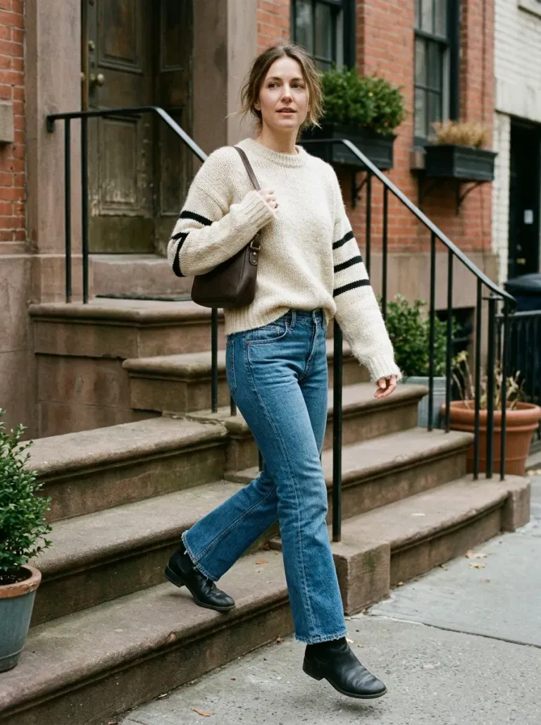Cream Sweater With Black Sleeve Stripes with Blue Kick-Flare Jeans