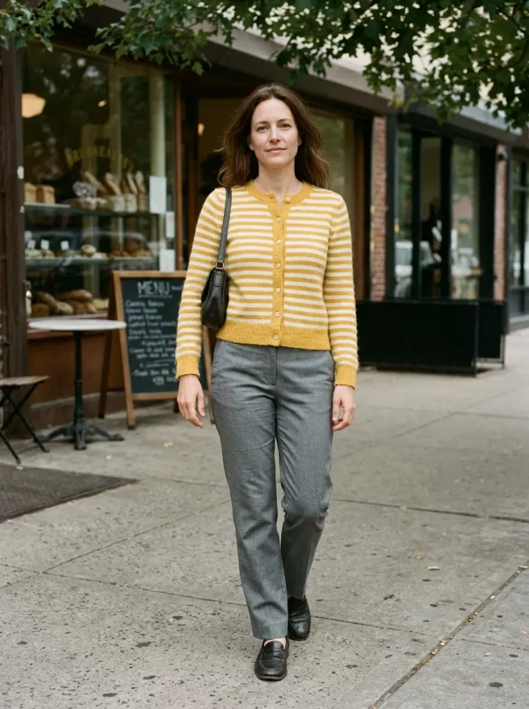 Yellow-And-Ivory Striped Cardigan with Grey Straight Trousers