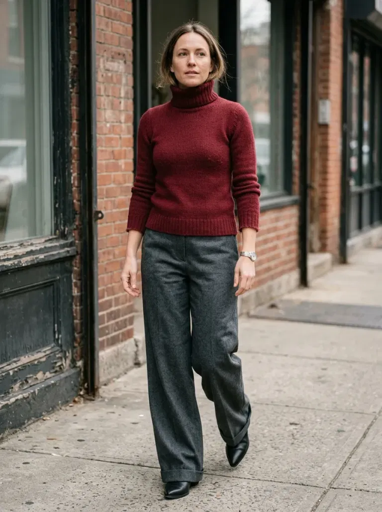 Burgundy-Red Fitted Turtleneck Sweater with Charcoal Wide-Leg Trousers