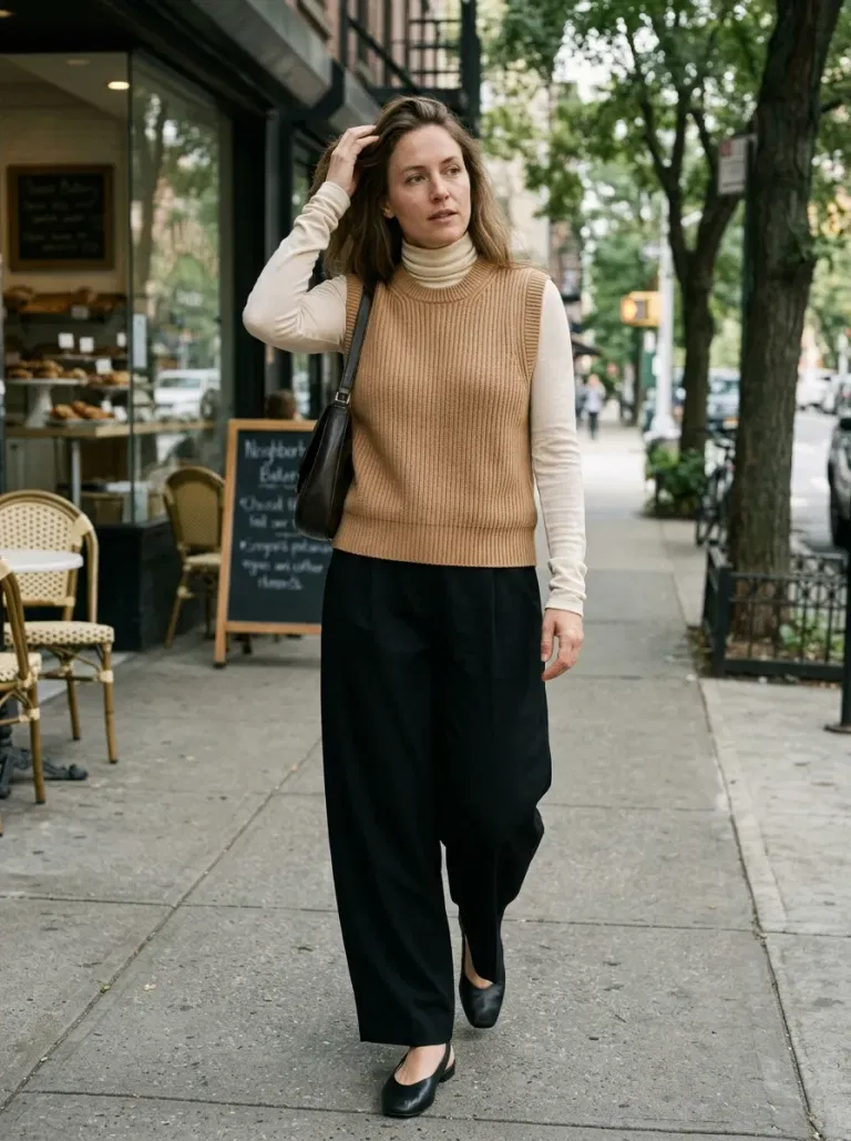 Camel Ribbed Sweater Vest with Black Wide-Leg Trousers
