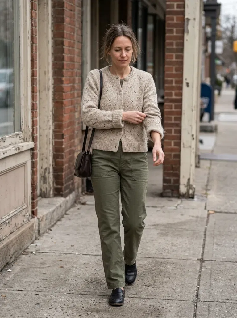 Oatmeal Heart-Stitch Cardigan with Olive Straight Trousers