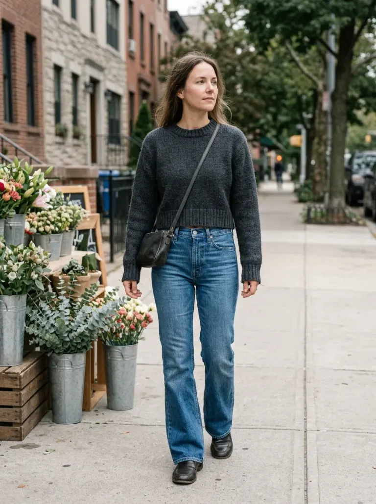 Charcoal Cropped Crewneck Sweater with Mid-Blue High-Rise Flares