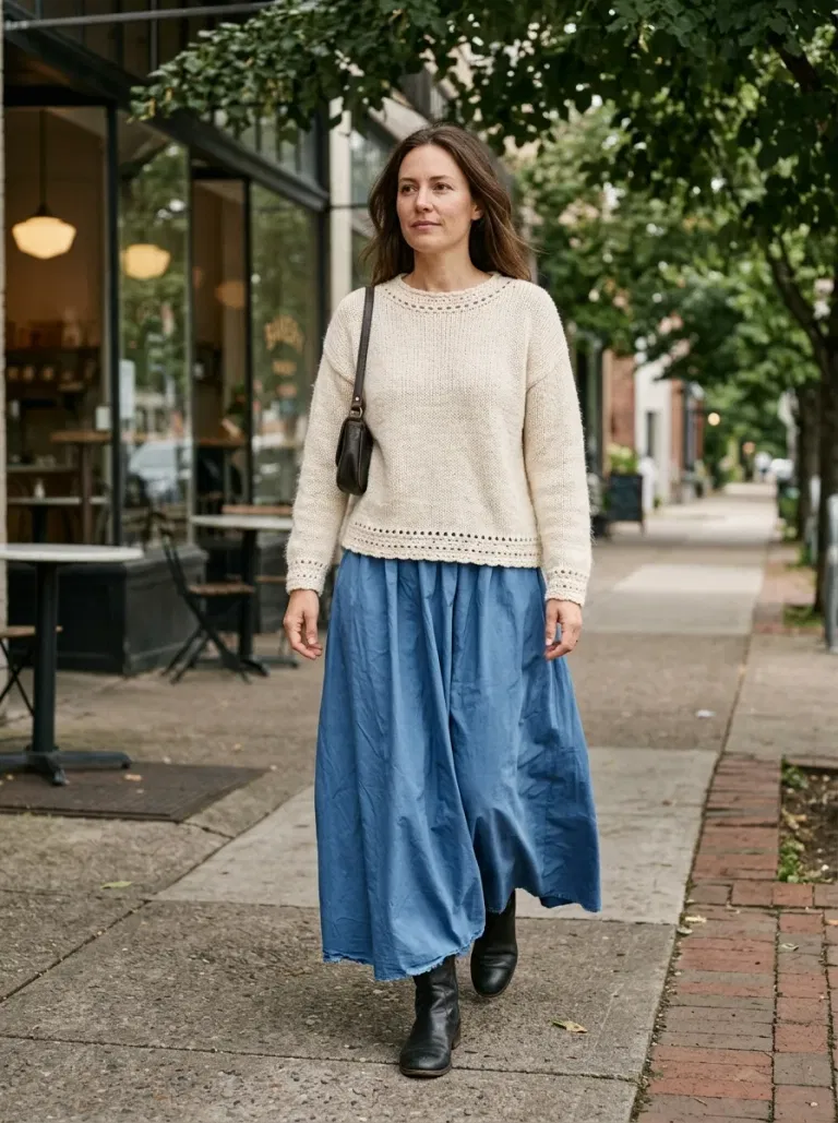 Cream Crochet-Trim Sweater with Blue Poplin Maxi Skirt