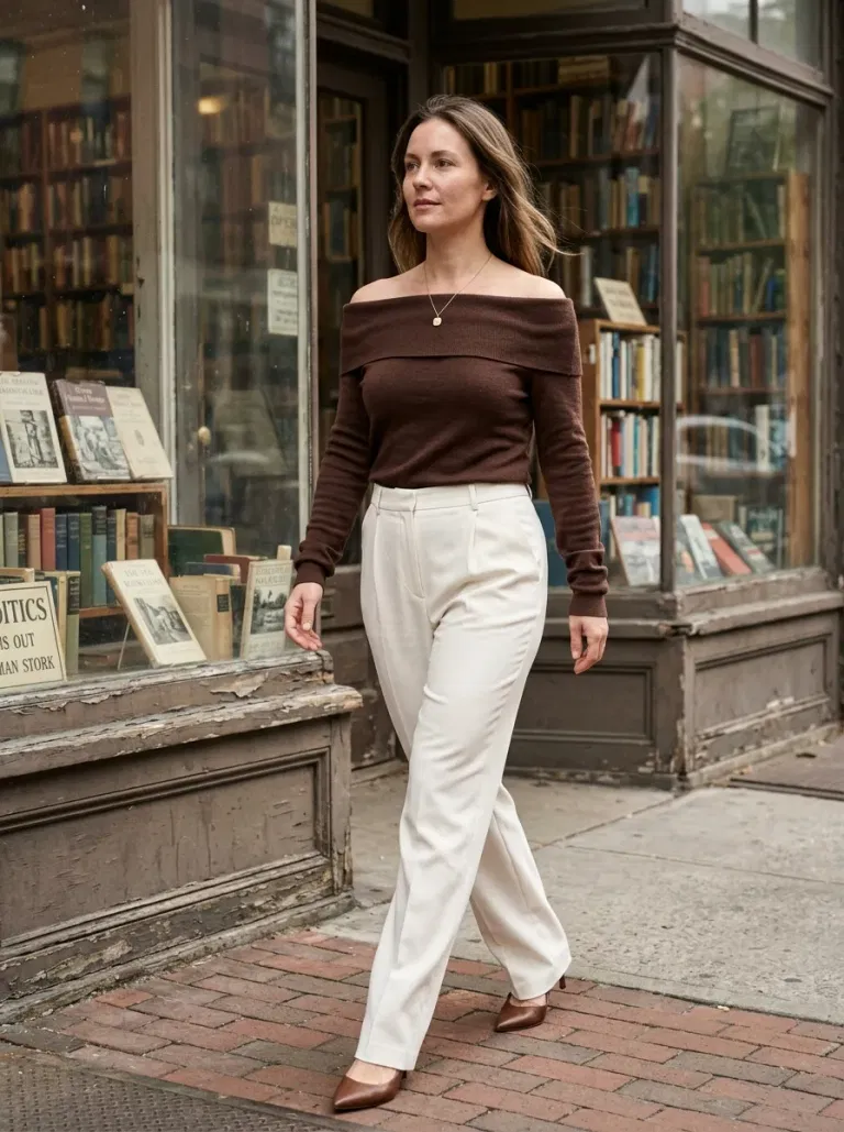 Chocolate Off-The-Shoulder Fine-Knit Sweater with Ivory Tailored Trousers